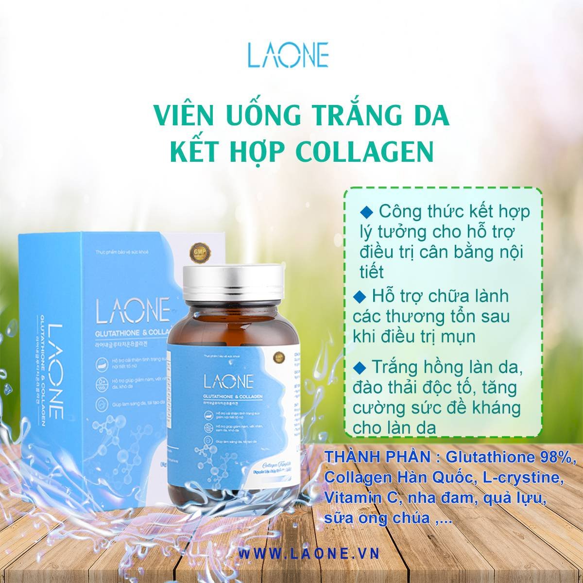 Viên uống trắng da LAONE Glutathione & Collagen